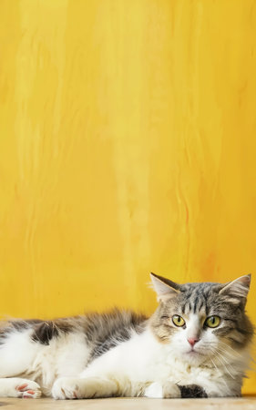 cute kitty with monochrome yellow wall backgroundの素材