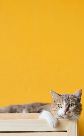 cute kitty with monochrome yellow wall backgroundの素材