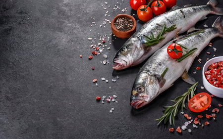 Fresh raw seabass with spices and tomatoes on a branch. On black rustic backgroundの素材