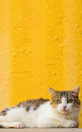 cute kitty with monochrome yellow wall backgroundの素材