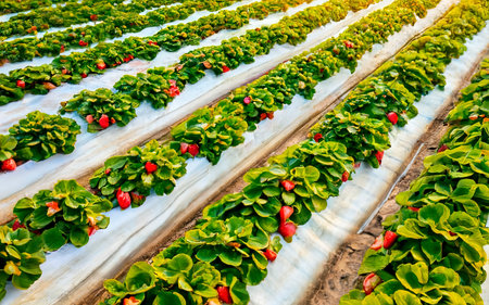 Beautiful landscape strawberry field and farmの素材