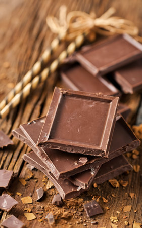 Chocolate pieces on wooden backgroundの素材