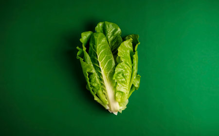 Fresh ripe cos lettuce on green color backgroundの素材