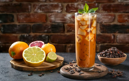 Composition with delicious traditional thai tea backgroundの素材