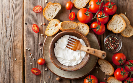 Empty ceramic plate with fresh tomatoes, bread and salt over wooden backgroundの素材