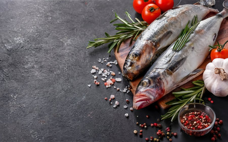 Fresh raw seabass with spices and tomatoes on a branch. On black rustic backgroundの素材