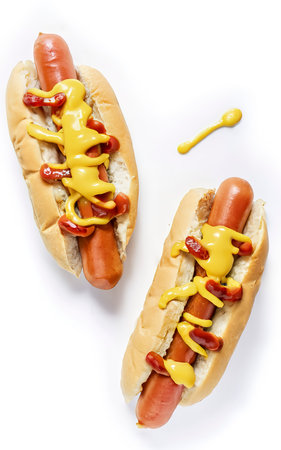 Hot Dog with Yellow Mustard and red ketchup. Isolated on white backgroundの素材