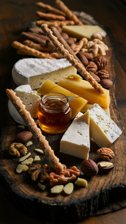Assorted cheese, grissini bread sticks, honey and nuts on wooden boardの素材