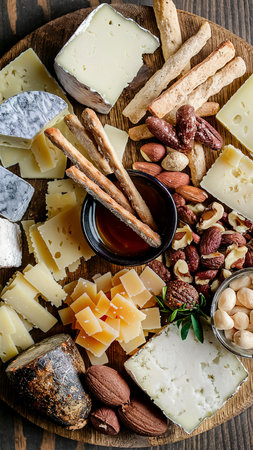 Assorted cheese, grissini bread sticks, honey and nuts on wooden boardの素材