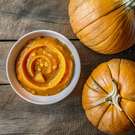 Baby food. Baby puree from fresh pumpkin. On a wooden table.の素材