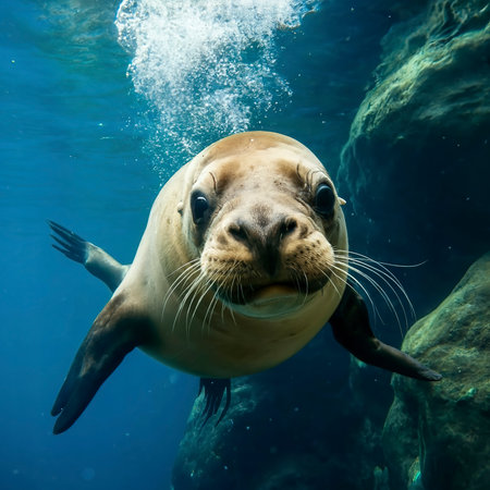 Funny sea lion swimming underwater in the ocean. Animal themeの素材