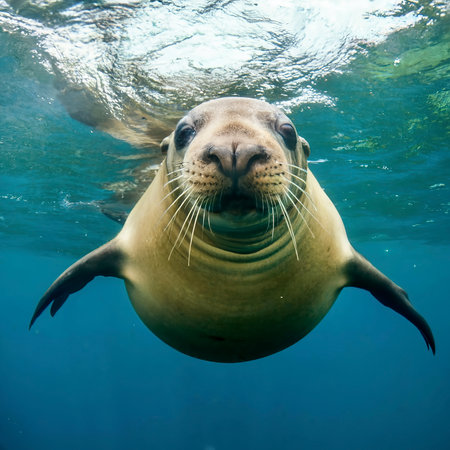 Funny sea lion swimming underwater in the ocean. Animal themeの素材