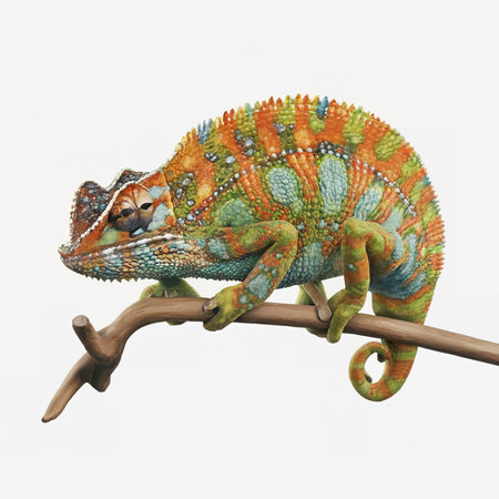 realistic multicolored chameleon with iridescent skin in speckles over white backgroundの素材