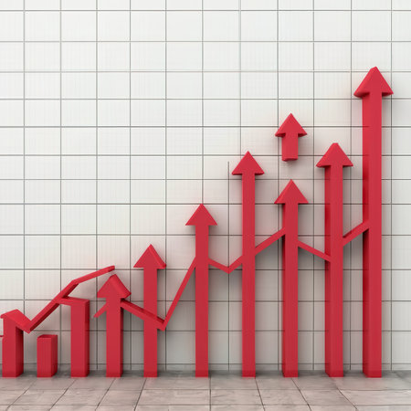 red arrows rising on the wall, growth chart or graph investmentの素材