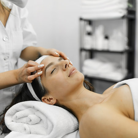 Relaxed woman at beauty treatment salon. She getting body and face hot towel therapyの素材