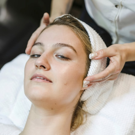 Relaxed woman at beauty treatment salon. She getting body and face hot towel therapyの素材