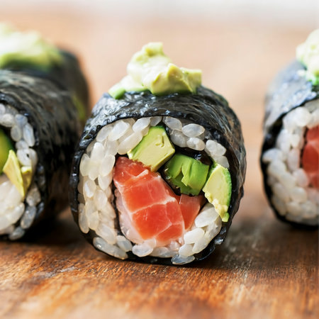 Rolls with tuna, avocado and nori close-up.の素材