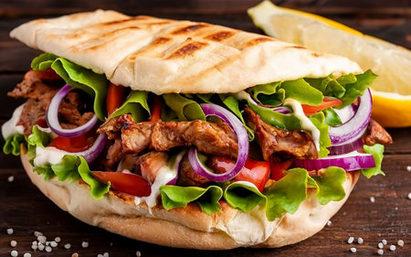 Shawarma. Doner kebab, fresh vegetables and meat. Kebab sandwich close upの素材