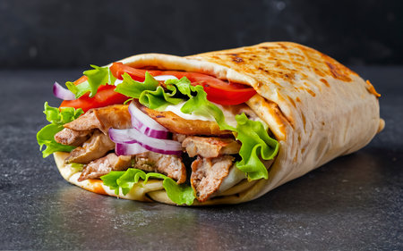 Shawarma. Doner kebab, fresh vegetables and meat. Kebab sandwich close upの素材