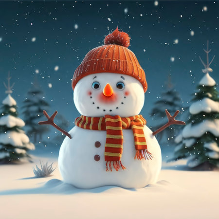 Snowman. Merry christmas and happy new year greeting card. Funny snowman in a hat on a snowy backgroundの素材
