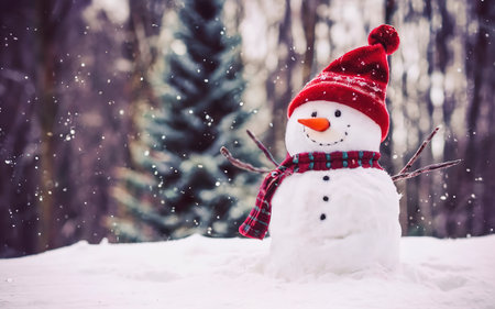 Snowman. Merry christmas and happy new year greeting card. Funny snowman in a hat on a snowy backgroundの素材