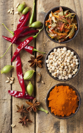 various Spicy and spices. Top view , verticalの素材