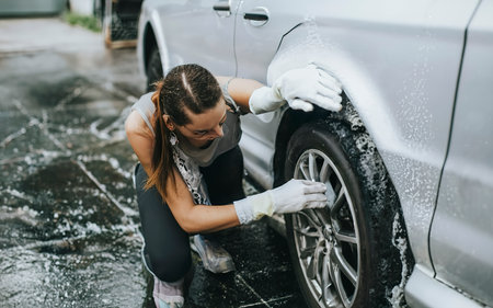 Woman washing her car outdoorsの素材