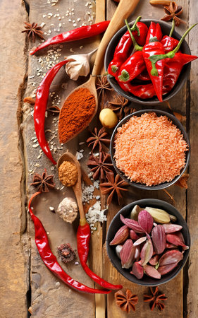various Spicy and spices. Top view , verticalの素材