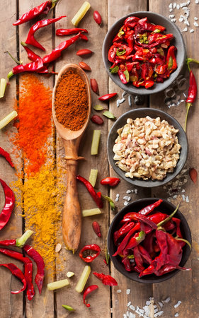 various Spicy and spices. Top view , verticalの素材