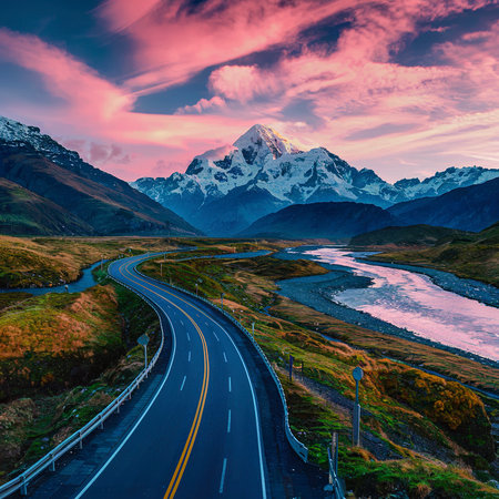 Beautiful view of a road leading to Mount Cook, New Zealandの素材