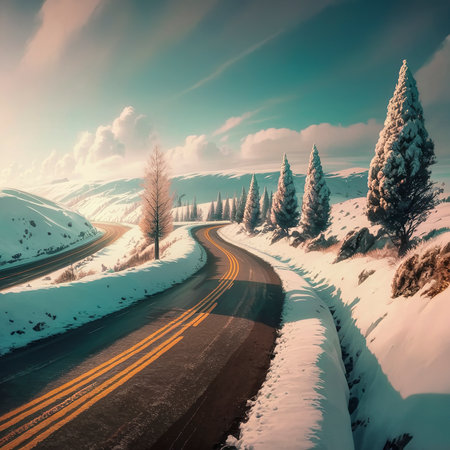 Curvy snow covered road in Northern Icelandの素材