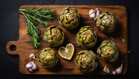 Artichokes hearts marinated with olive oil and herbs, pickled artichoke with garlic on wooden boardの素材