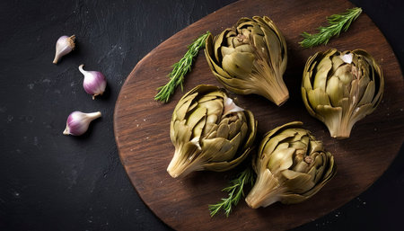 Artichokes hearts marinated with olive oil and herbs, pickled artichoke with garlic on wooden boardの素材