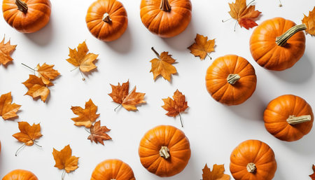 Autumn Pumpkin Thanksgiving Background, orange pumpkins  Isolated on white background. Top viewの素材