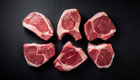 Assortment of raw cuts beef meat steaks on the bone. Black backgroundの素材