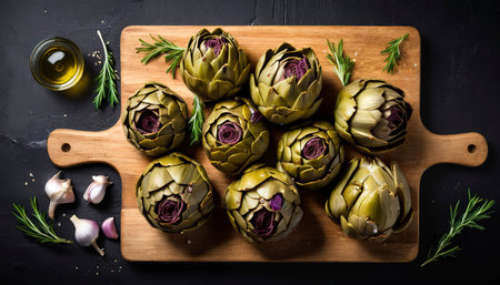 Artichokes hearts marinated with olive oil and herbs, pickled artichoke with garlic on wooden boardの素材