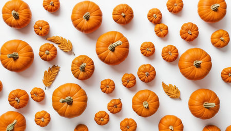 Autumn Pumpkin Thanksgiving Background, orange pumpkins  Isolated on white background. Top viewの素材