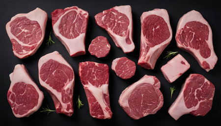 Assortment of raw cuts beef meat steaks on the bone. Black backgroundの素材