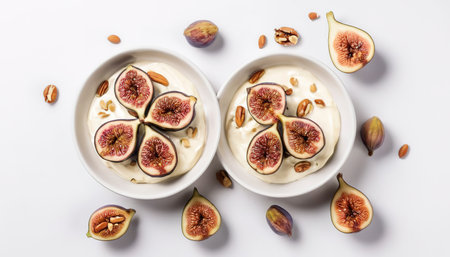 Baked figs with cream cheese, honey and nuts.  Isolated on white background. Top viewの素材