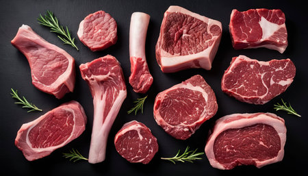 Assortment of raw cuts beef meat steaks on the bone. Black backgroundの素材