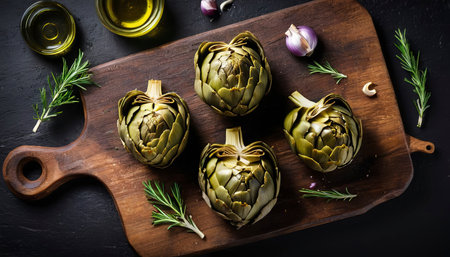 Artichokes hearts marinated with olive oil and herbs, pickled artichoke with garlic on wooden boardの素材