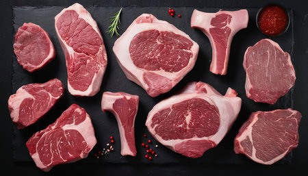 Assortment of raw cuts beef meat steaks on the bone. Black backgroundの素材