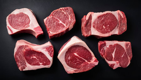 Assortment of raw cuts beef meat steaks on the bone. Black backgroundの素材