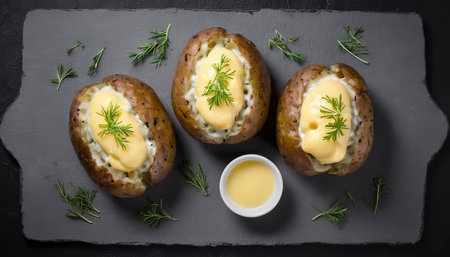 Baked Jacket potatoes with cheese, herbs and butter. Black background. Top view.の素材