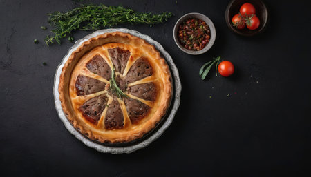 Baked Ossetian pie with beef meat and herbs. Black background. Top view. Copy space.の素材