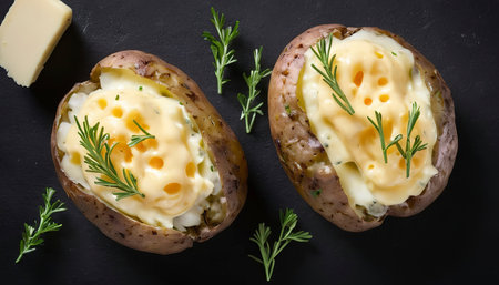 Baked Jacket potatoes with cheese, herbs and butter. Black background. Top view.の素材