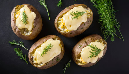 Baked Jacket potatoes with cheese, herbs and butter. Black background. Top view.の素材