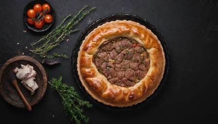Baked Ossetian pie with beef meat and herbs. Black background. Top view. Copy space.の素材