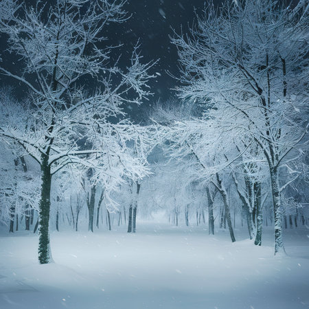 Dramatic winter minimalistic northern background with trees plastered with snow against a dark snowy skyの素材