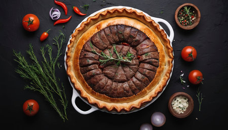 Baked Ossetian pie with beef meat and herbs. Black background. Top view. Copy space.の素材
